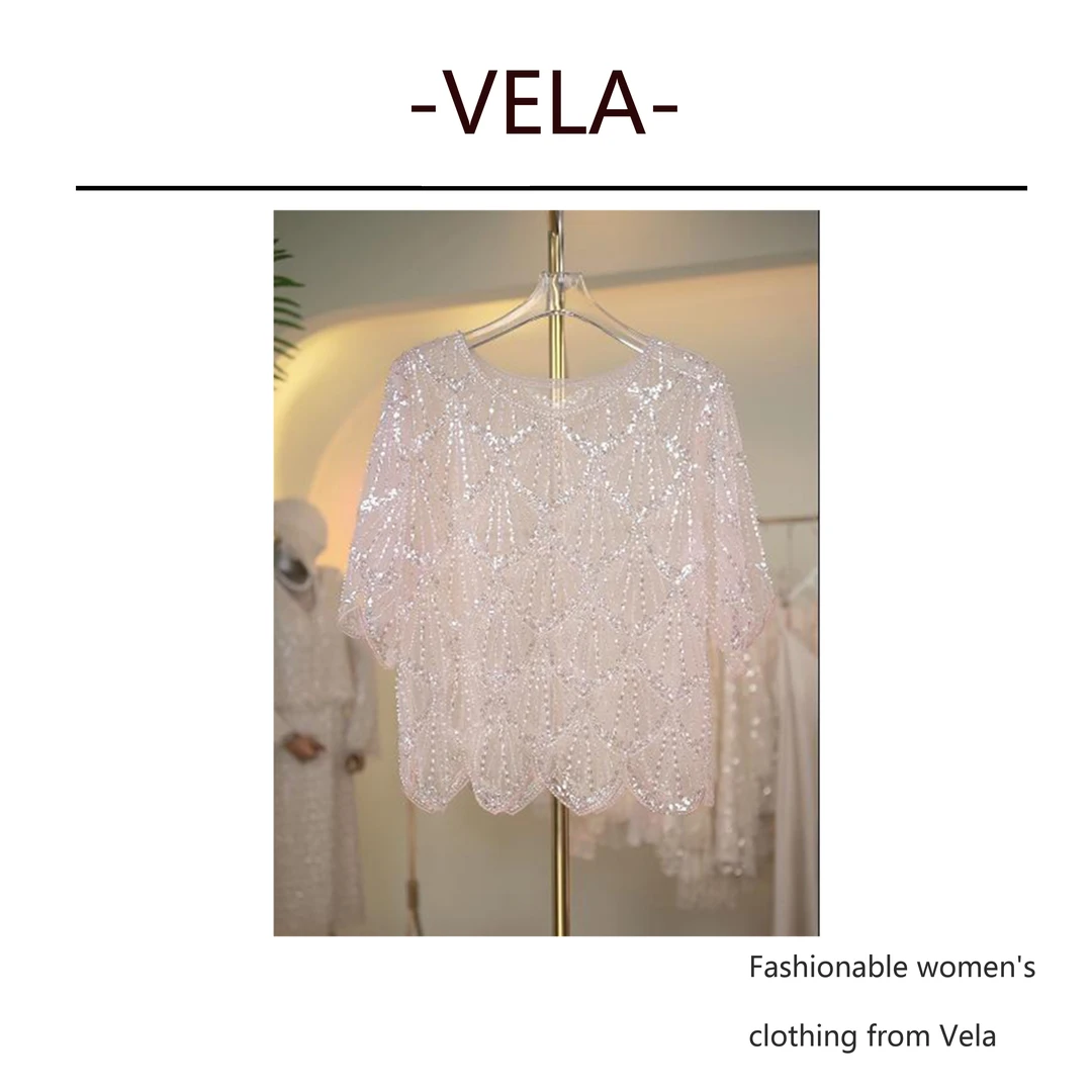 水晶贝壳透透的t恤短袖微透少女心钉珠钉珠亮片轻奢洋气气质