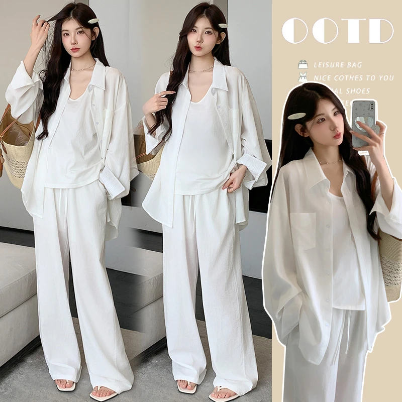 老钱风舒适孕妇衬衫夏季宽松防衫晒薄款背心亚麻孕妇裤两件套