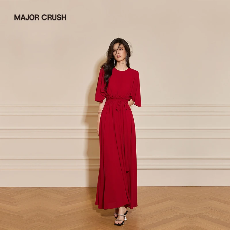 MAJOR CRUSH早秋度假风时尚法式假日红优雅收腰正红色连衣裙6952