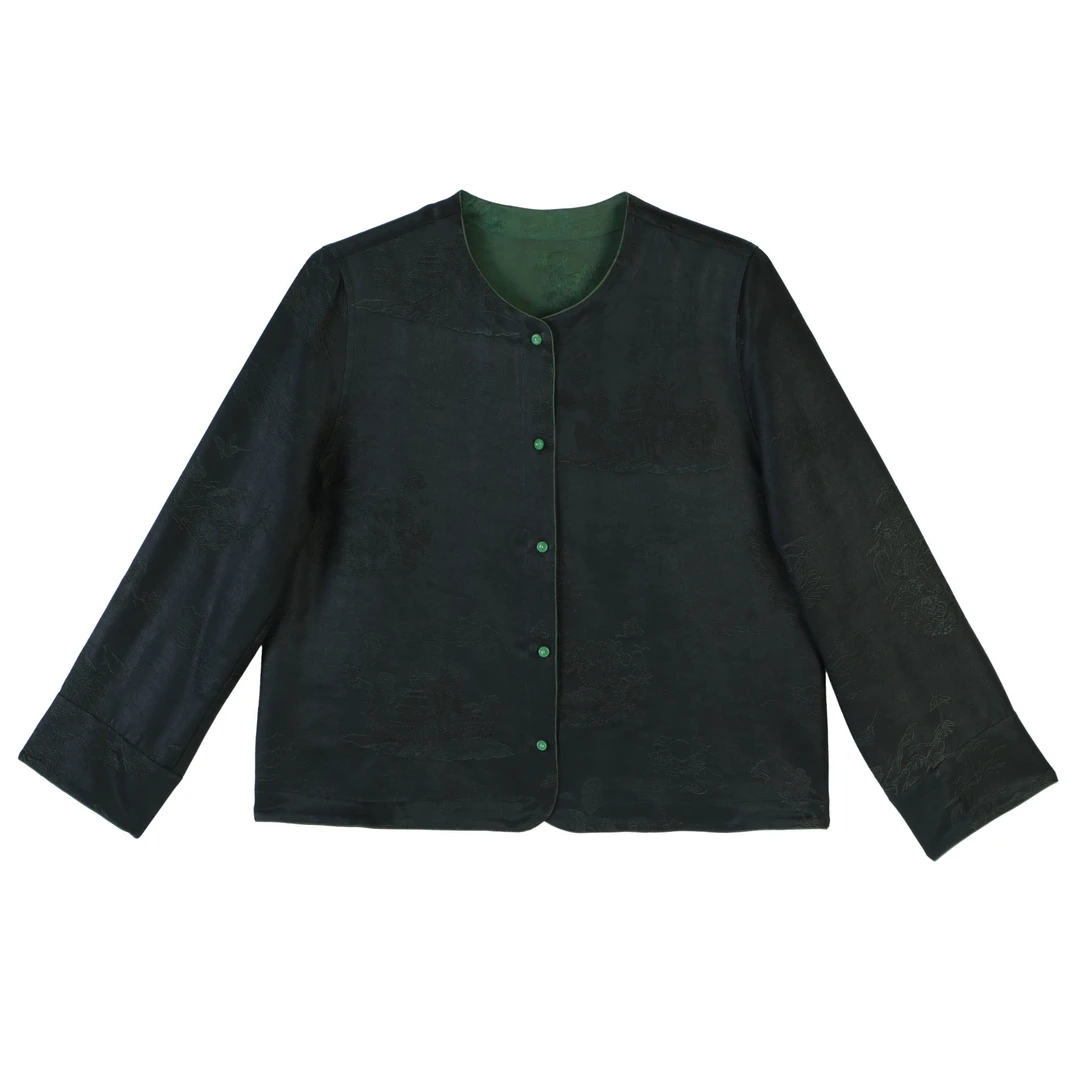 洋【618】新中式风 121268  双面双穿绿色提花【茶染重缎 】外套