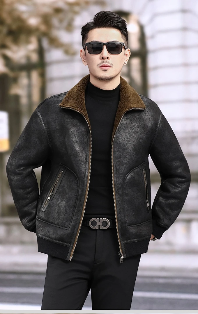 冬季新款颗粒男士海宁皮毛两面加绒连帽一体机车双面羊毛皮草外套