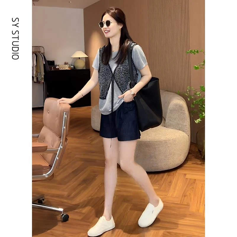 VOCKOO官方夏日绝美俏皮小套装时尚圆领拼接蕾丝假两件上衣女休闲