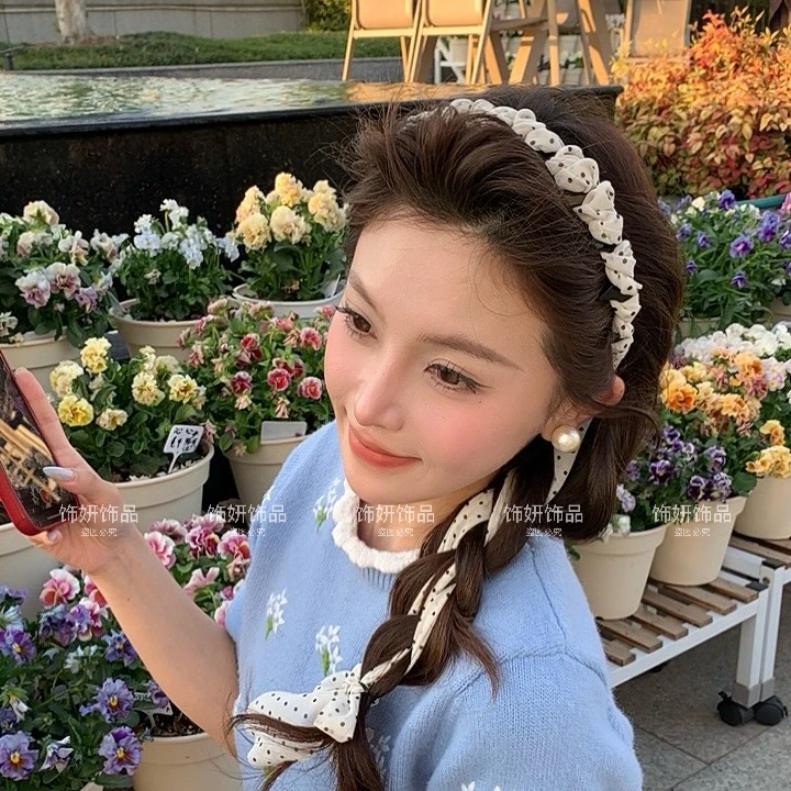 法式百搭波点飘带发箍女新款时尚气质发箍绑发外出编发头饰发饰