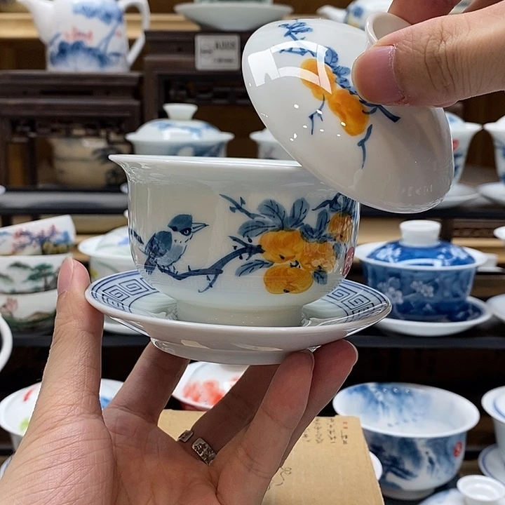 手绘喜柿图盖碗160cc釉下彩微瑕福利款