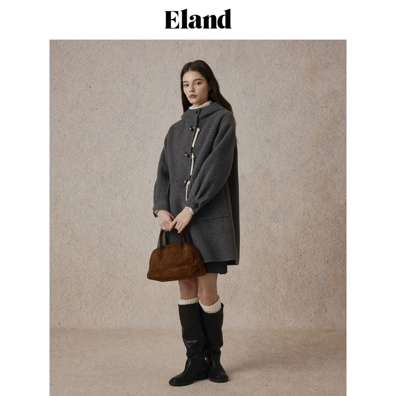 Eland衣恋甜美风女士连帽含羊毛保暖毛呢大衣学院风EEJWE4VT91