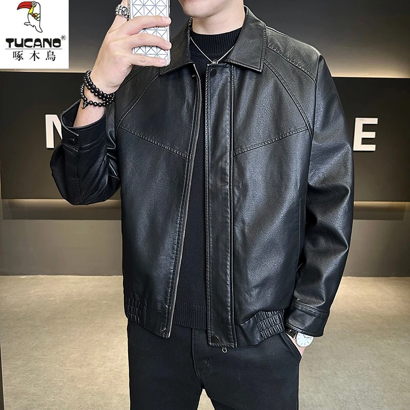 TUCANO/啄木鳥秋季美式男士老钱风机车防风防水免熨显瘦翻领皮衣