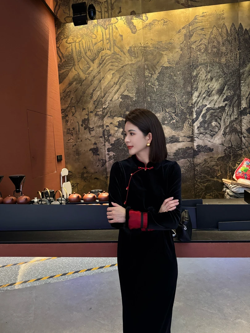 ANGELIAORIGINAL金玉红颜 国风醋酸水貂毛冬季显瘦丝绒连衣裙#897