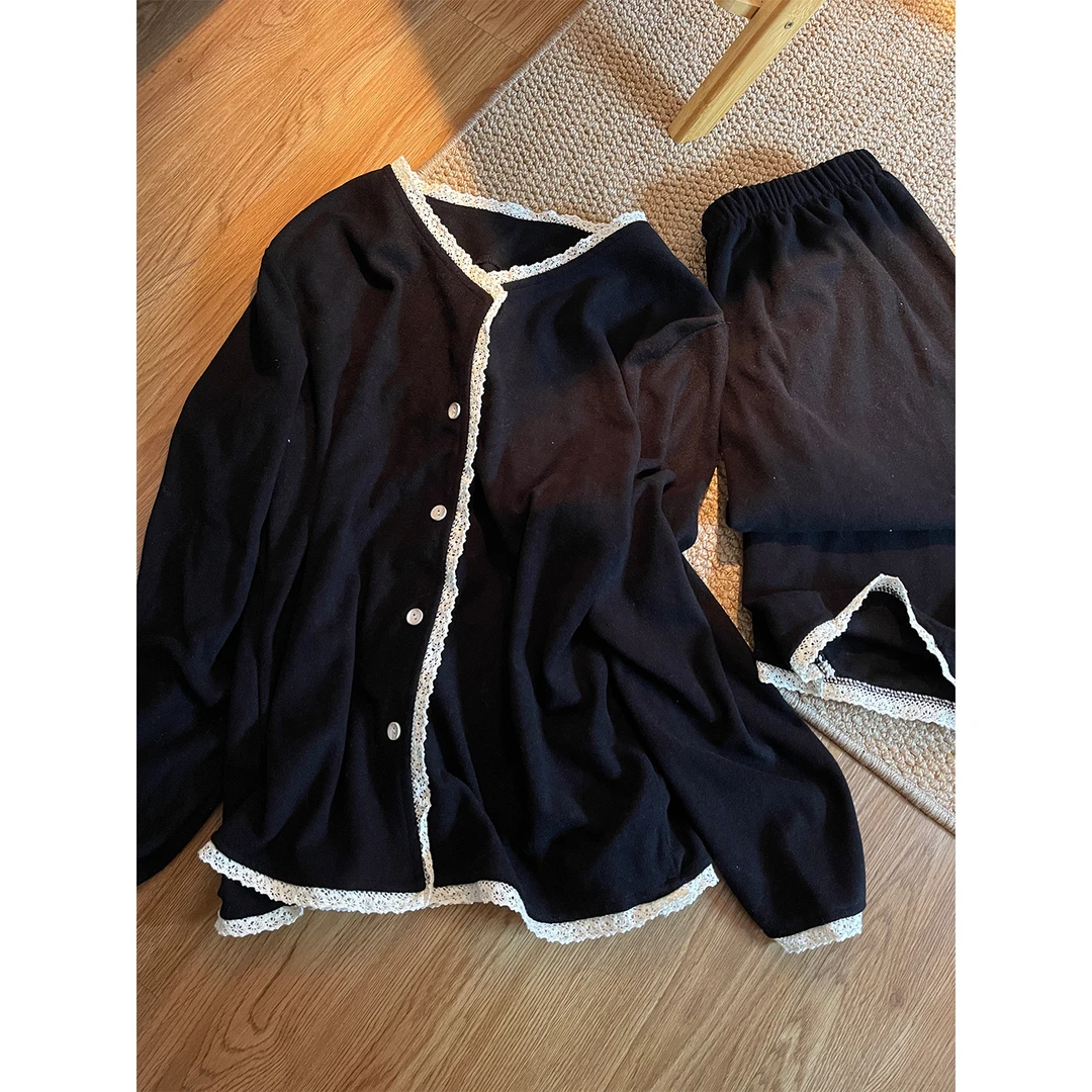 韩版ins风蕾丝花边德绒睡衣女秋冬季2025新款长袖长裤套装居家服