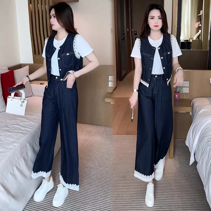 时尚牛仔套装女2025夏新款时髦洋气蕾丝拼接马甲短袖阔腿裤三件套