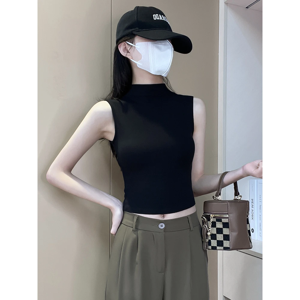 黑色半高领吊带背心女内搭夏2025新款外穿棉质遮副乳无袖短款上衣