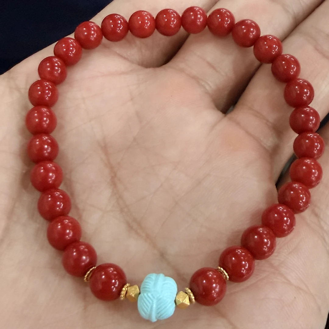 红珊瑚沙丁圆珠配绿松石手串5.5-6mm