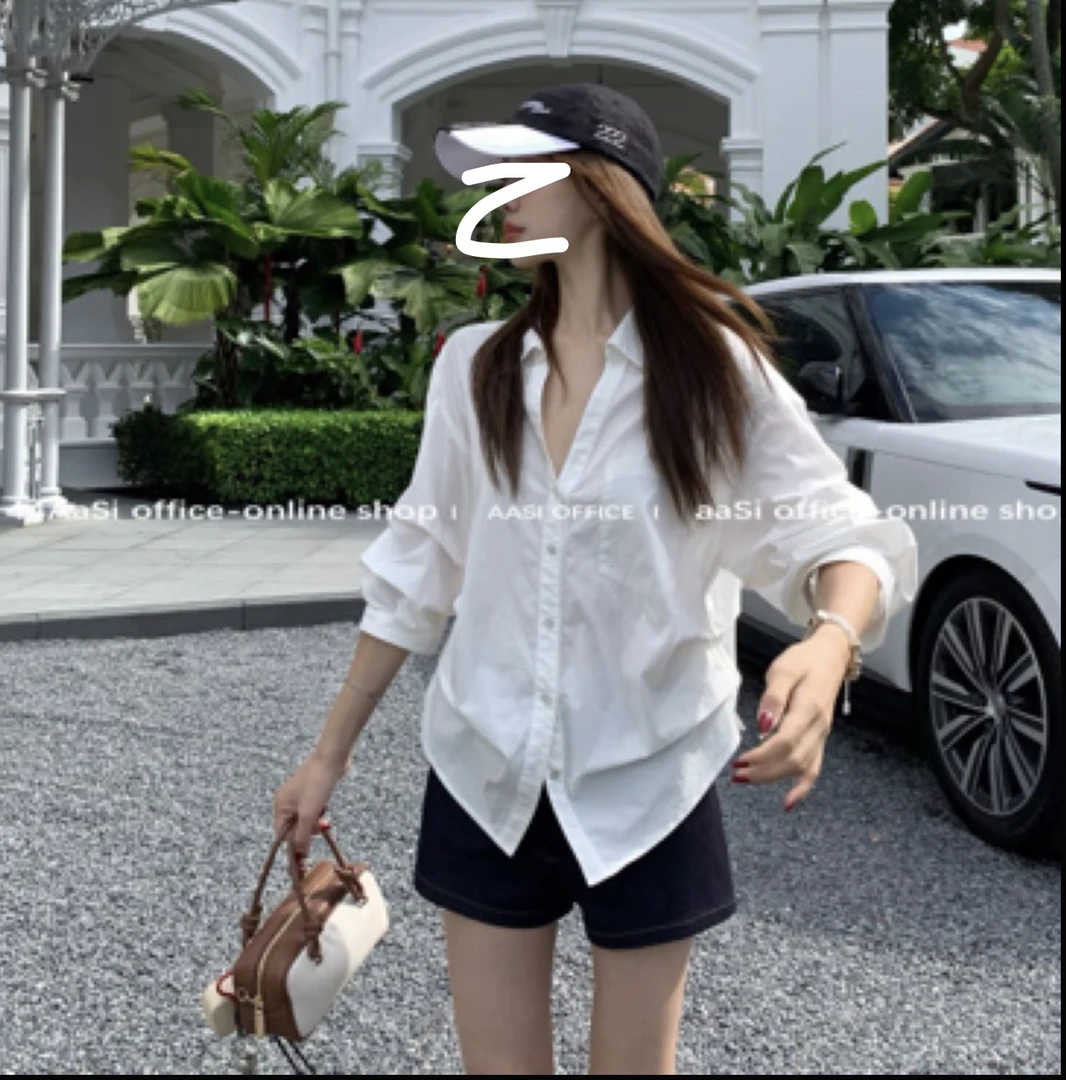 会凹造型的白衬衫 翻领褶皱白色衬衫夏季款
