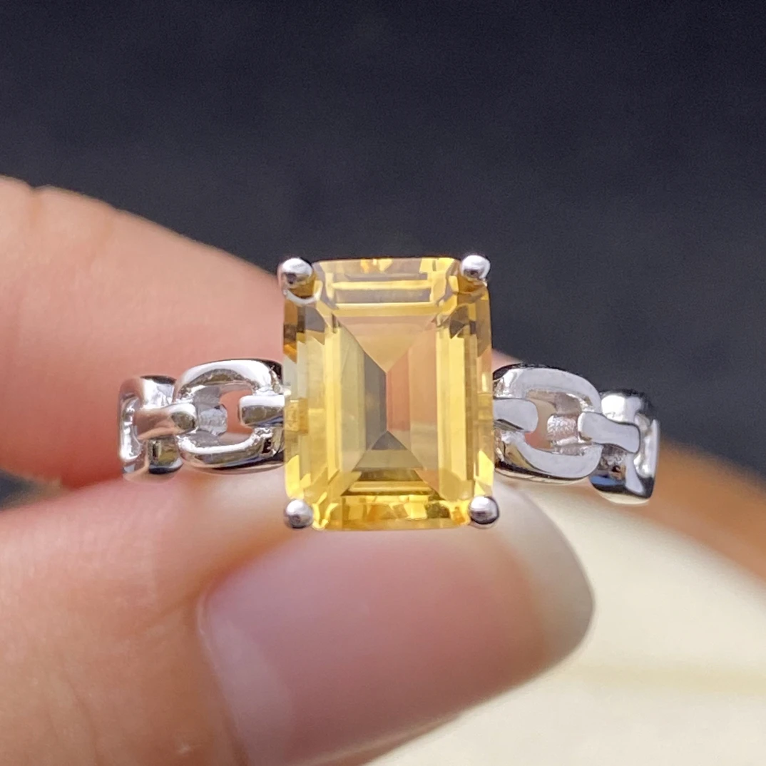 天然黄水晶戒指s925银7*9mm方形高级经典简约大方气质时尚百搭Y2