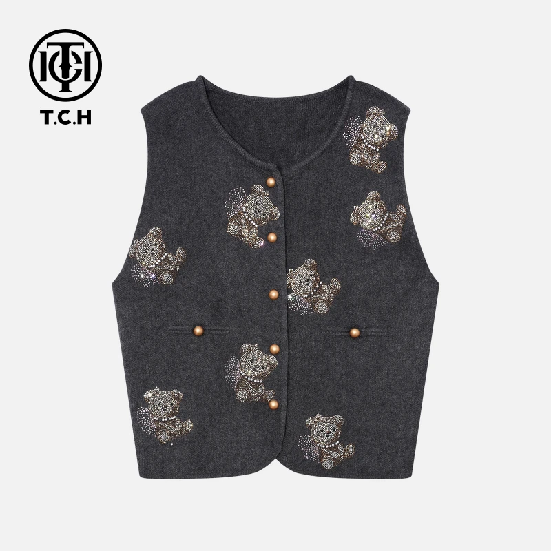 TCH【冬季穿搭】冬款洋气时尚烫钻女装深灰色针织衫T75D09E5039