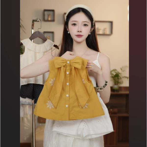 【YN童品】WS25888女童夏款森系百搭挂脖无袖夏季上衣刺绣宽松套装