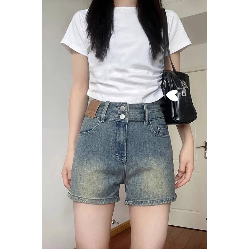 雪千羽复古直筒牛仔短裤女夏薄2025新款高腰弹力美式辣妹a字热裤