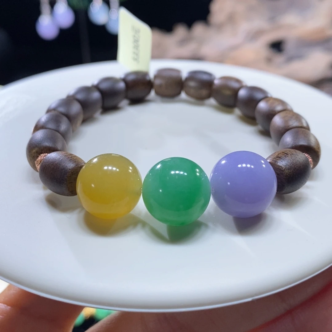 翡翠未镶嵌颈饰翡翠浓三彩圆珠手串13mm