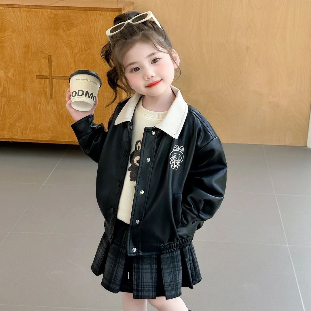 女童秋装套装2025新款卡通儿童皮衣小童春秋季洋气卫衣宝宝三件套