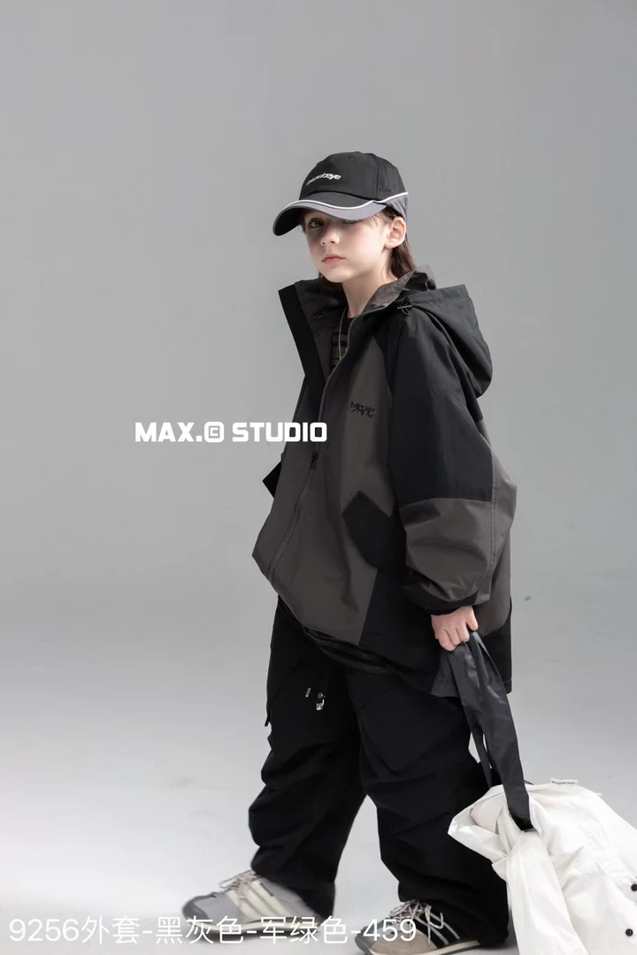 纯色字母秋季休闲风B类普通外套滑雪外套军绿色风衣童装拼色