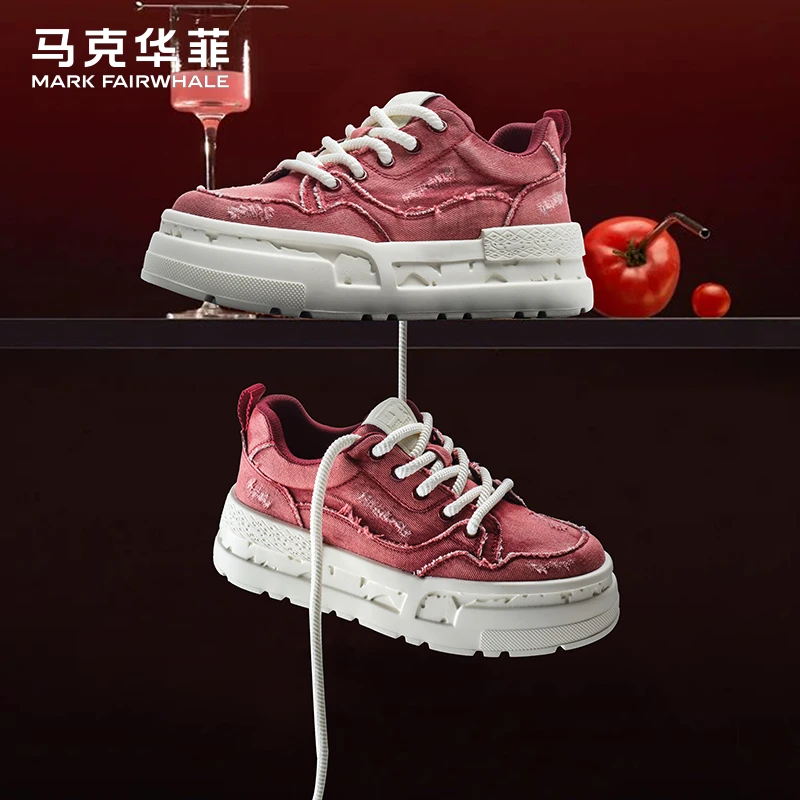 马克华菲男鞋夏季透气2025新款红色爆款鞋子休闲厚底增高板鞋潮鞋