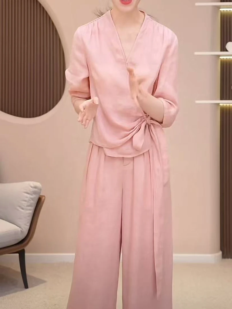 2025春季新品休闲时尚V领系带收腰显瘦上衣百搭通勤简约长裤套装