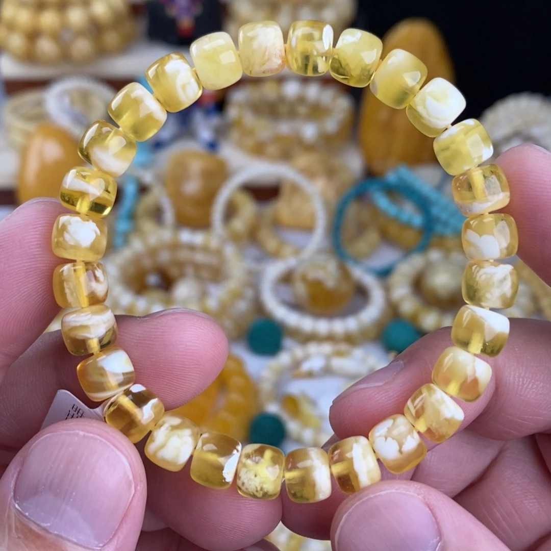 蜜蜡未镶嵌手链金瓷白妖花8mm