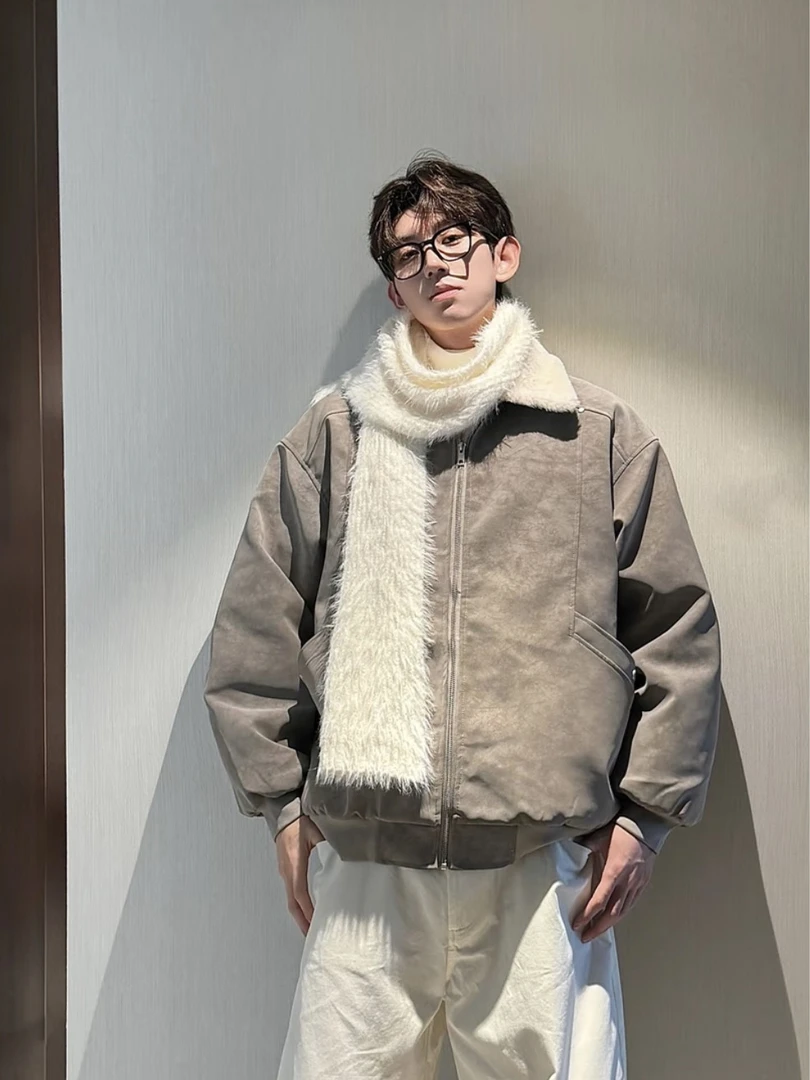 美式潮牌设计感羊羔绒PU皮棉服外套男女冬季高街痞帅加厚保暖棉衣