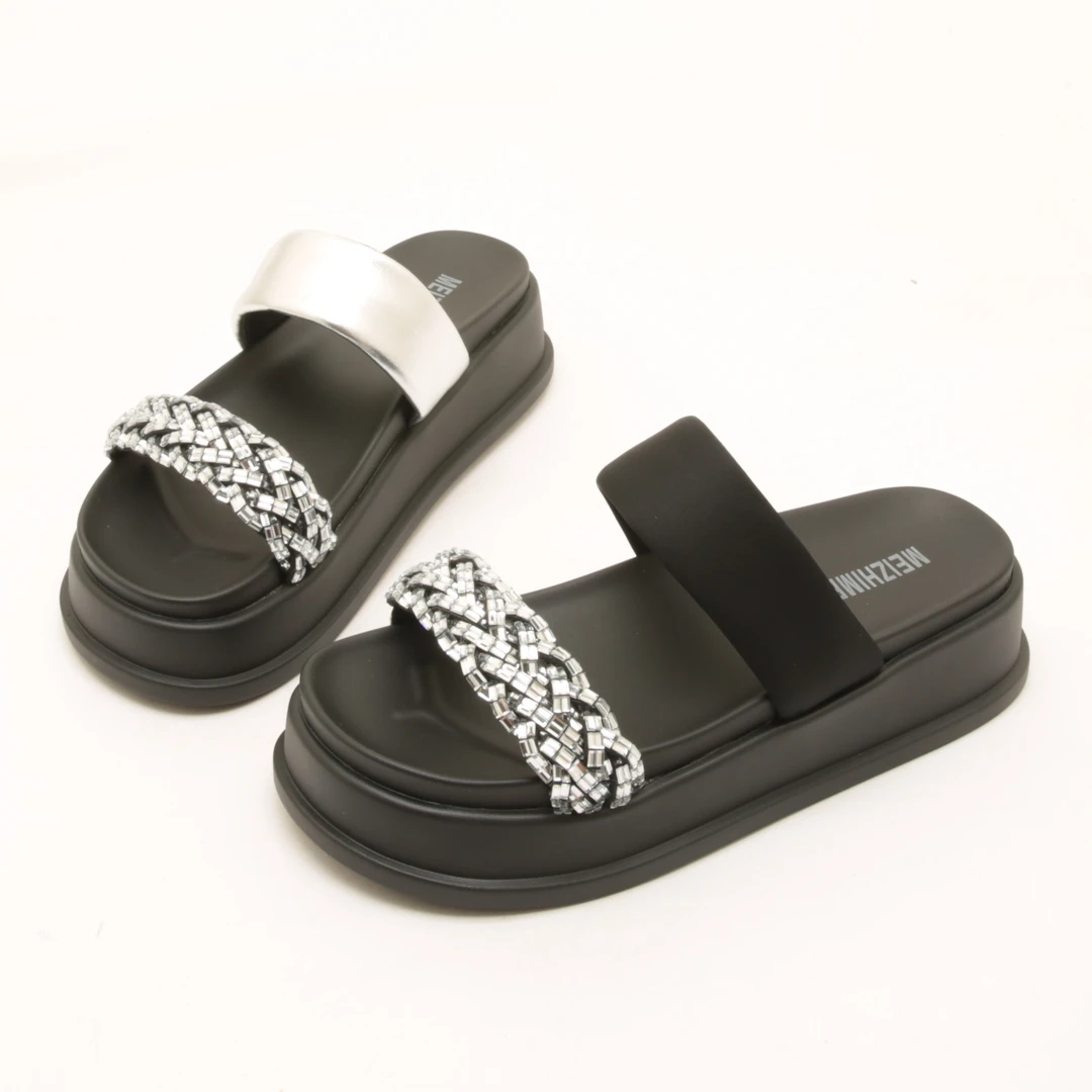 6917夏季新款欧洲站简约水钻露趾一字拖女厚底松糕沙滩凉拖鞋