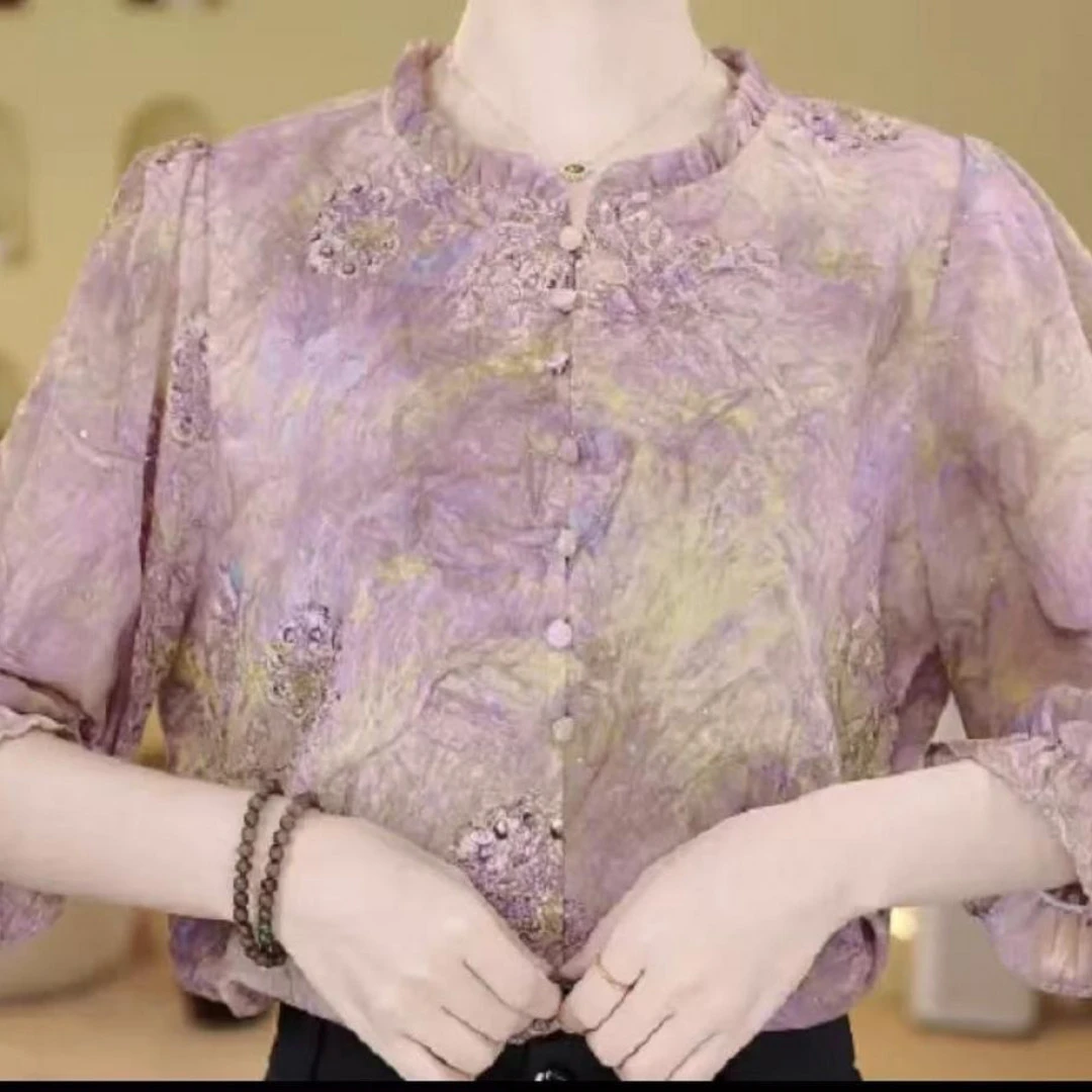 2025新款夏季百搭洋气轻奢轻薄衬衫高级感减龄花边紫气东来小衫女