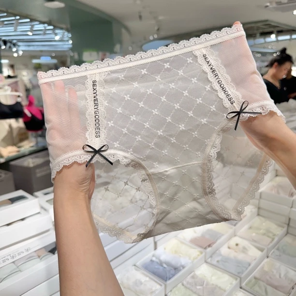 性感纯欲浪漫蕾丝少女内裤网纱提花蝴蝶结透气底裆中腰女士三角裤