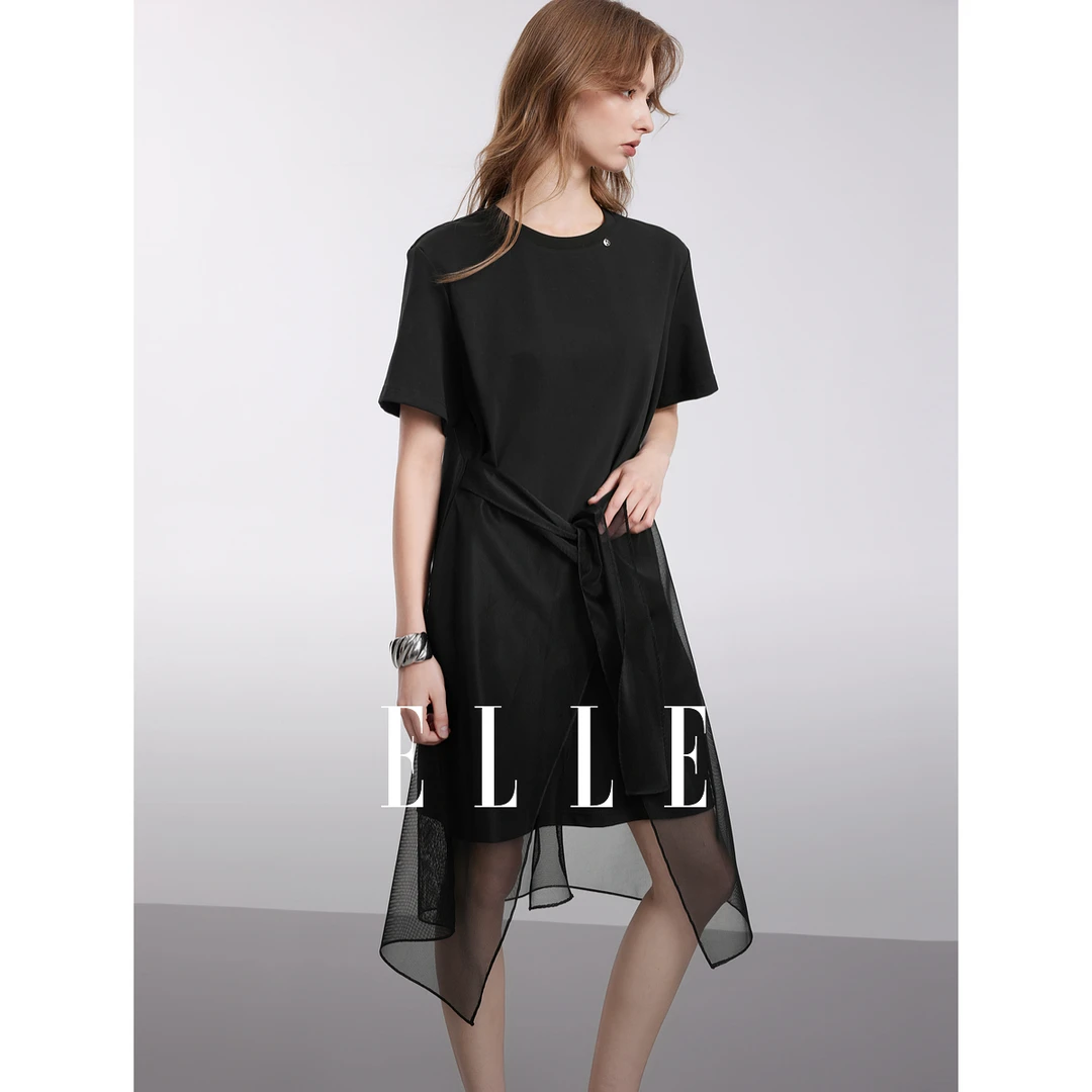 ELLE洋气网纱拼接T恤裙女2025夏新宽松时髦气质EL51022