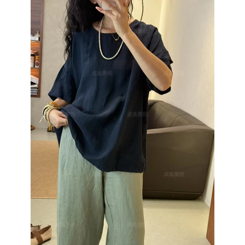 9552-通勤显瘦亚麻短袖纯色成人简约夏季上衣衬衫半袖