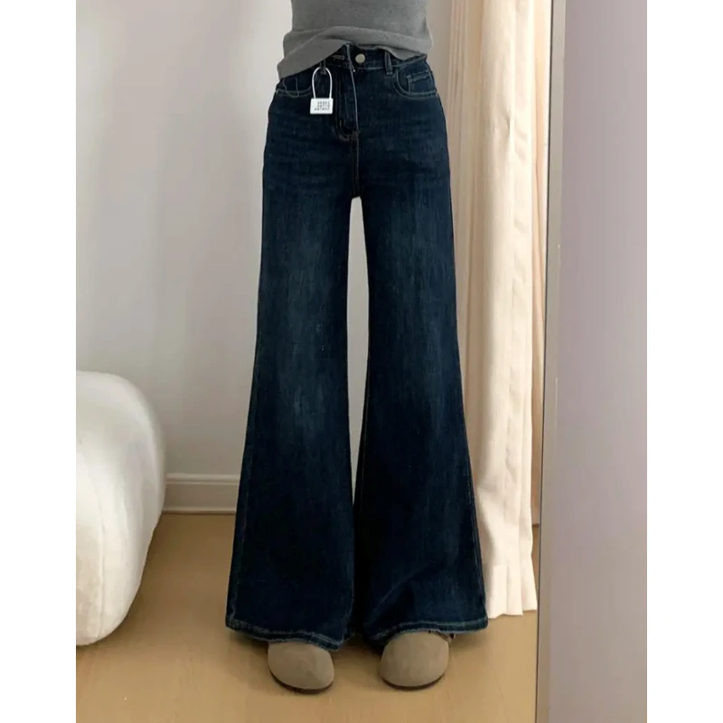 美式高腰宽松显瘦不贴腿辣妹微喇叭弹力牛仔裤女2025新款阔腿长裤