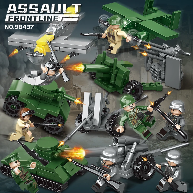 二战军事战争场景前线抗战积木反坦克炮战斗机拼装男孩玩具礼物