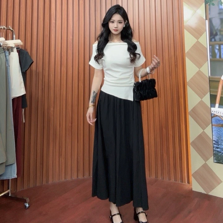 【米奇专属】法式优雅不规则T恤小衫夏新款高级感收腰显瘦露肩上衣