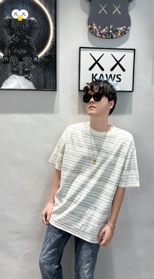 夏季短袖朋克圆领情侣条纹T恤百搭男士cleanfit风