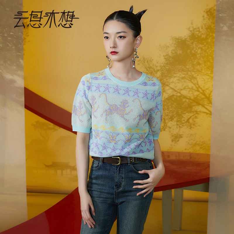 Ysimo-X云思木想新中式2024夏季新款提花圆领百搭毛针织衫11537
