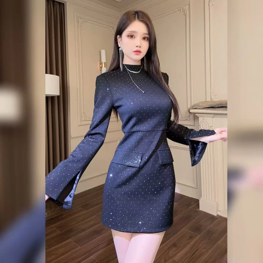 柔娜定制  气质小黑裙显瘦复古修身名媛打底网红连衣裙21555