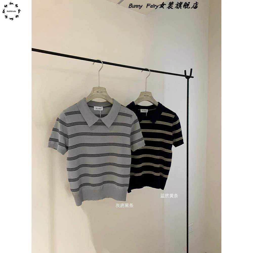 学院风Polo翻领撞色条纹针织衫女夏季覆古百搭休闲短袖T恤上衣