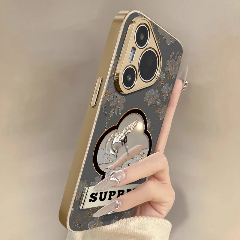 适用华为pura80pro手机壳新款pura70ultra硅胶防摔p60云鹤玉兰花