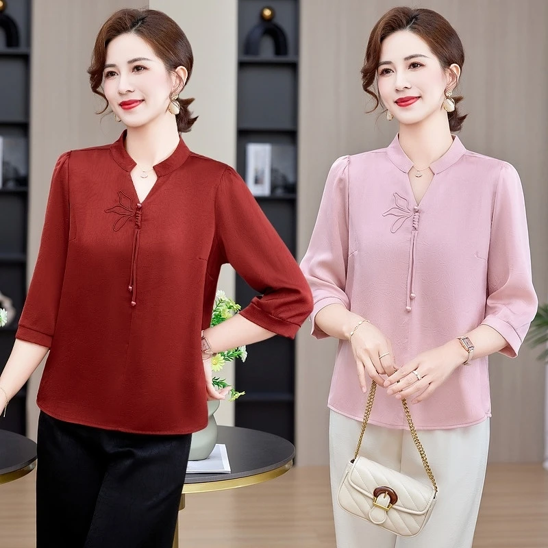 2025新款洋气上衣中老年女洋气百搭衬衫套装妈妈夏季气质显瘦小衫