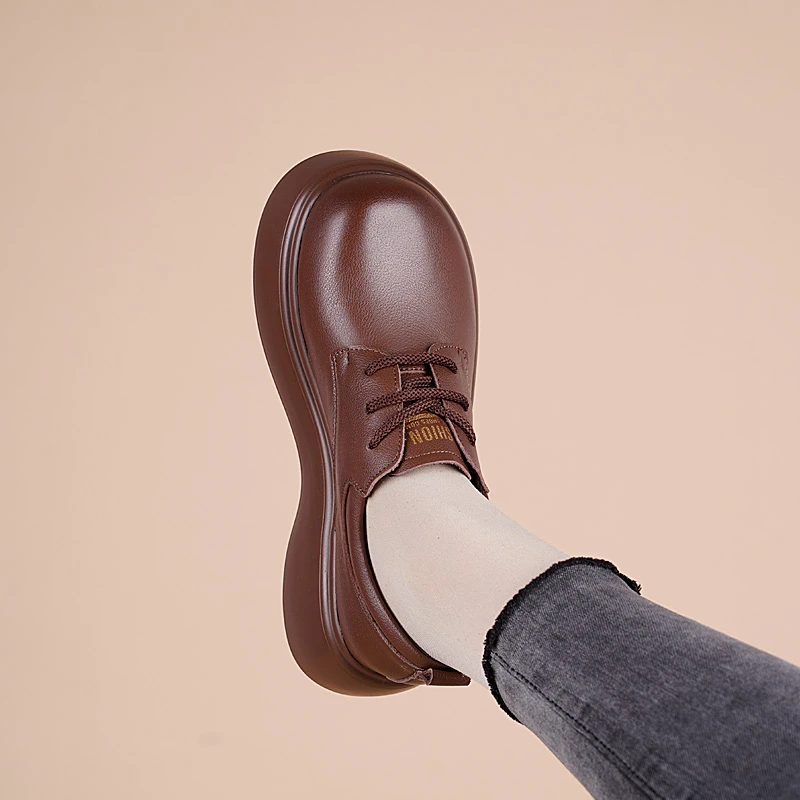 春秋2025新款系带松糕厚底圆头舒适软皮软底简约百搭气质牛皮女鞋