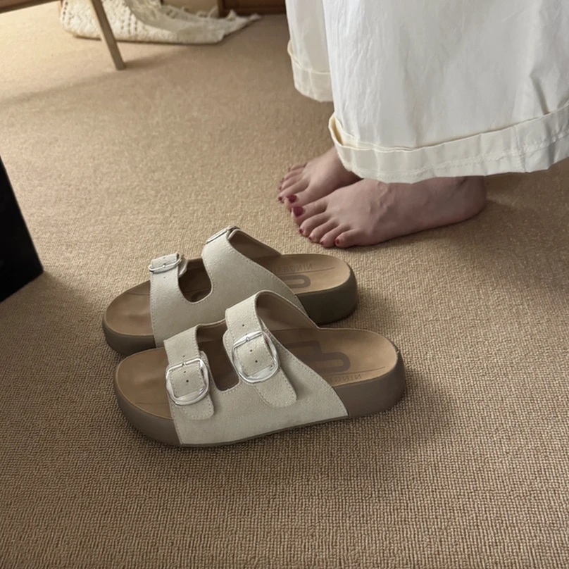 【加厚版吐司】厚底勃肯鞋女夏一字带扣懒人沙滩凉鞋女超软一字拖