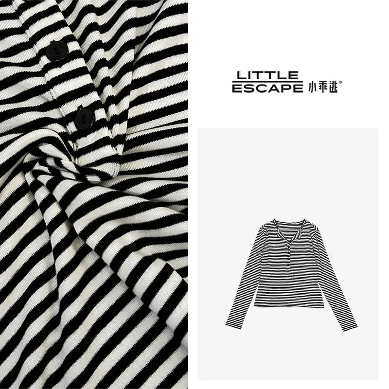 小乖逃小条纹 圆领排扣 横条纹小羊细毛T恤打底 Q6602