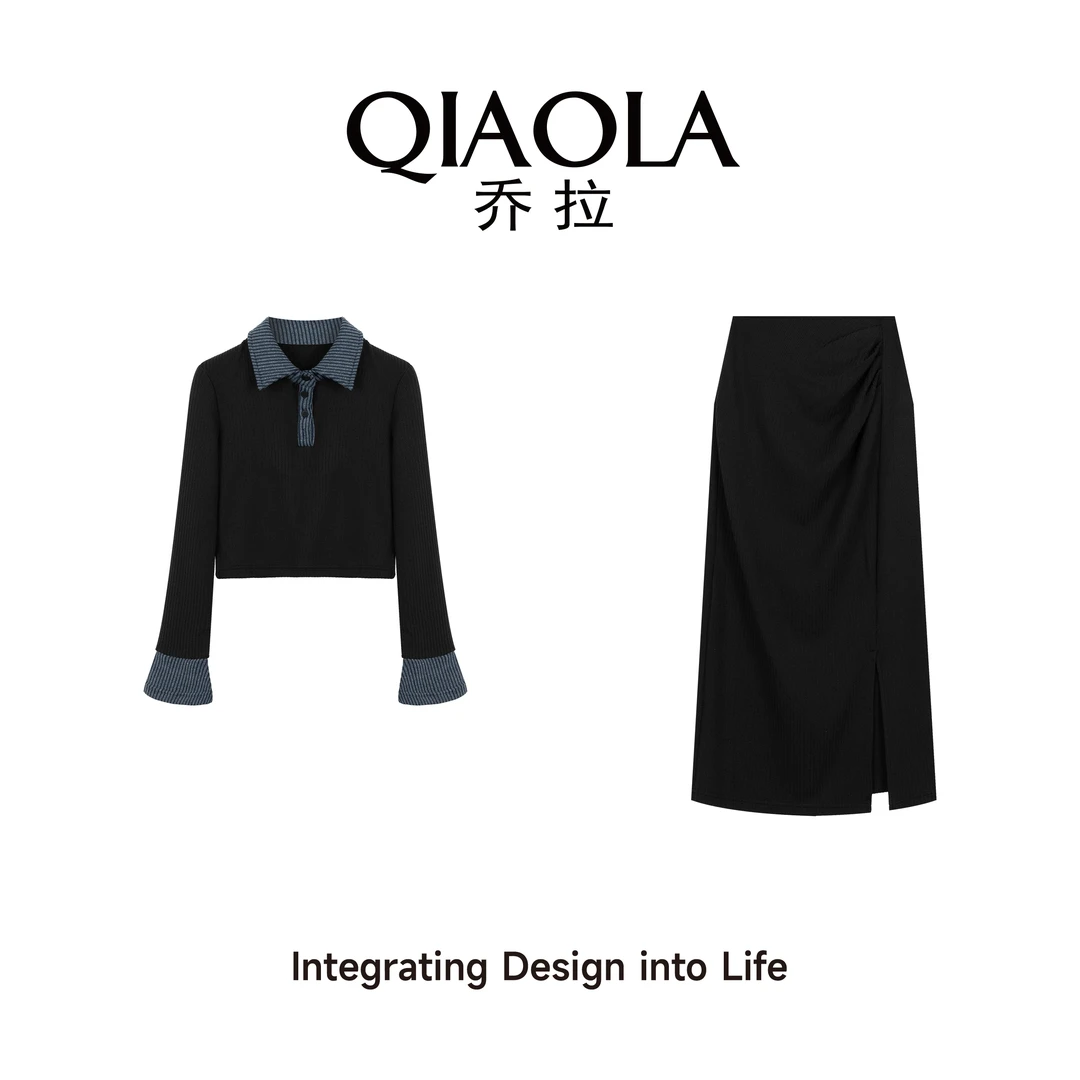 QIAOLA/乔拉【假日之歌】早春新款针织翻领喇叭袖显瘦时尚套装