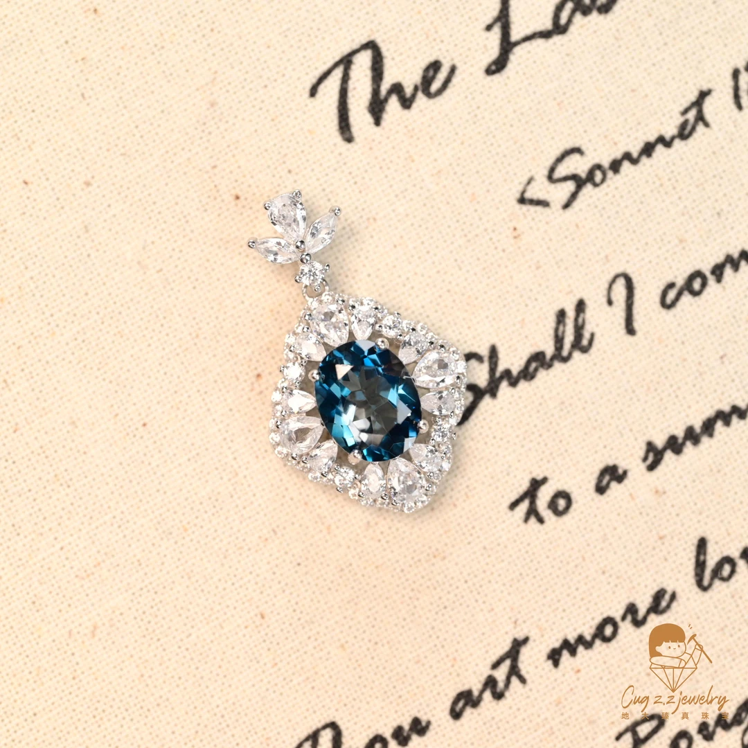 伦敦蓝托帕石吊坠贵气宫廷风高级珠宝项链925银