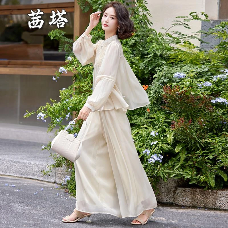 防晒半透轻薄套装女2025夏季新款韩版高级感气质显瘦阔腿裤三件套