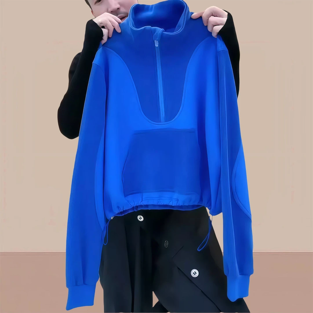 2025秋季新款女士蓝色宽松时尚撞色立领上衣网红洋气炸街女装