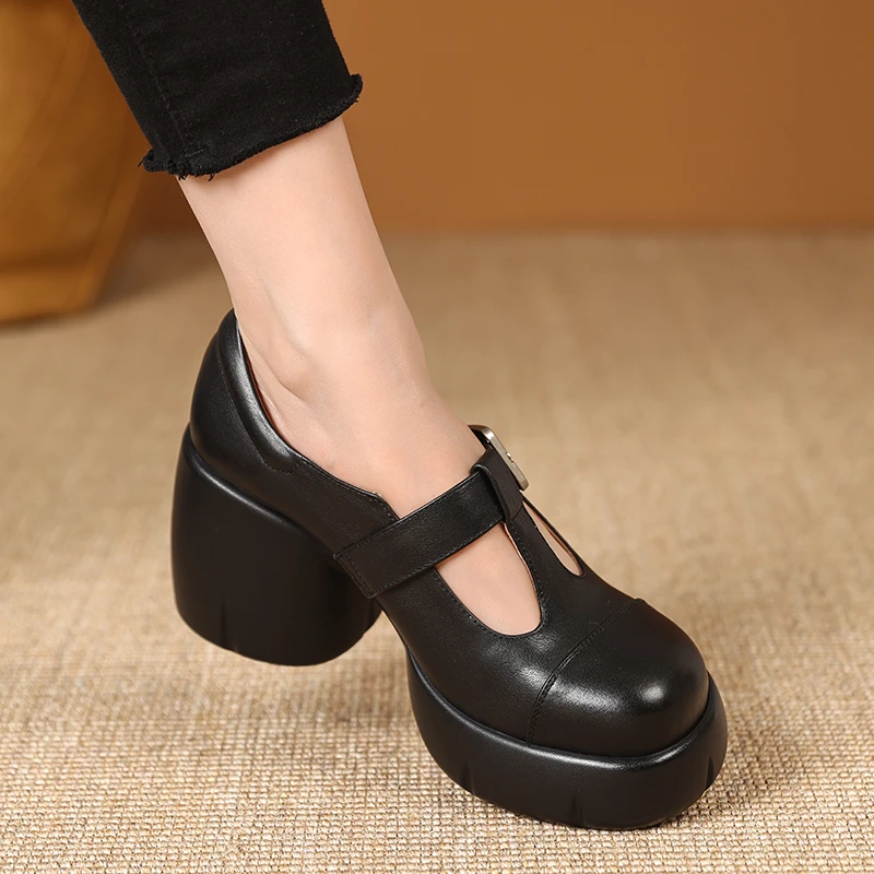 玥小姐增高女鞋9cm粗跟单鞋女真皮高跟鞋小个子厚底圆头玛丽珍鞋