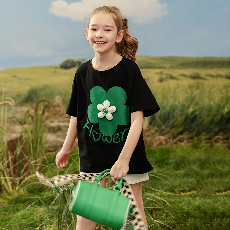 贝蒂女童洋气薄款黑色T恤短袖2025新款夏季儿童中童韩版上衣21869